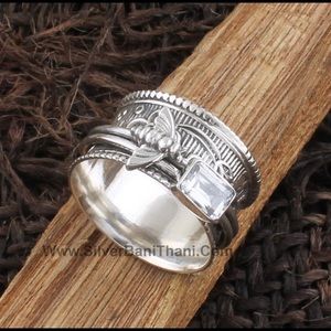 Natural Crystal Quartz Silver & Bee Spinner Ring
